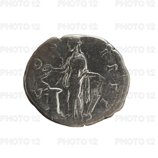 Denarius, Antoninus Pius (86–161; Roman emperor 138–161). Obverse: Emperor's head with a laurel wreath right; legend ONINVS AVG PIVS PP; pearl border. Reverse: COS IIII — Salus standing facing left, feeding a snake coiled around an altar with a patera in her right hand, holding a rudder on a sphere in her left; pearl border. Roman Empire, 147–149 CE. Bronze/metal coin, weight 3.19 g, axis 180°.