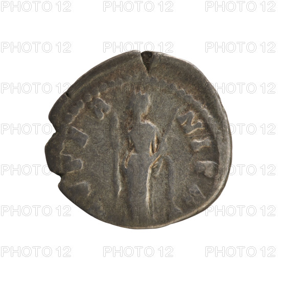 Denarius, after 141; Roman Empire (27 BC–476), Rome. Obverse: Bust of Antoninus Pius (86–161; Roman emperor 138–161) and Faustina the Elder (98–141; Roman empress 138–141), imperial busts; bust of the empress turned to the right, in drapery with hair in a bun on top of the head; pearled border; legend fragment ADV. DIVA AV / AVSTINA. Reverse: Venus stands turned to the right, lifting a veil with her right hand and holding a scepter in her left; pearled border; legend fragment ETER NITA. Coin, weight 3.37 g, axis 180°.