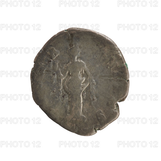 Denarius, Antoninus Pius (86–161; Roman emperor 138–161), Faustina the Elder (98–141; Roman empress 138–141). Obverse: G FAVSTIN, bust of the empress turned to the right, in drapery with hair in a bun and pearl border. Reverse: R V NITAS, Venus stands turned to the right, lifting her veil with her right hand and holding a scepter in her left. Date: 141–161. Roman Empire (27 BC–476), Rome. Coin, weight 3.17 g.