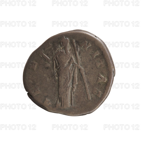 denarius, Antoninus Pius (86–161; Roman emperor 138–161), Faustina the Elder (98–141; Roman empress 138–141); busts of Antoninus Pius and Faustina the Elder; iconography of Faustina the Elder and Juno; imperial busts; scepter (attribute). Obv. DIVA FAVSTINA: Bust of the empress turned to the right, in drapery with hair arranged in a bun on top of the head. Pearled border. Rev. AETERNITAS: Juno stands turned to the left with her right hand raised, holding a scepter in the left. Pearled border. After 141, Roman Empire (27 BC–476), Rome. Coin, weight 3.24 g, axis 180°.