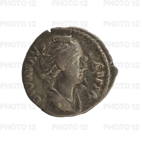 Denarius, after 141. Obverse: Bust of Faustina the Elder turned right, draped, hair in a bun on top of the head; pearl border; inscription 'DIVA FAV...TINA'. Reverse: Fortuna standing left, holding a sphere in her right hand and a helm in her left; pearl border; inscription '...NITAS'. Roman Empire (27 BC–476), Rome. Weight 3.04 g, axis 180°. Subjects: Antoninus Pius; Faustina the Elder; iconography: imperial busts, Fortuna (personification), helm.