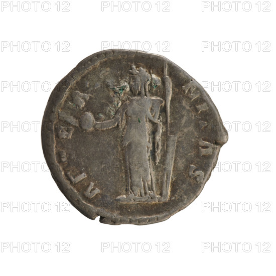 Denarius, Antoninus Pius (86–161; Roman emperor 138–161), Faustina the Elder (98–141; Roman empress 138–141). Obverse: Bust of the empress turned to the right, in drapery with hair in a bun on top of the head; pearl border; legend 'DIVA FAV...TINA'. Reverse: Fortuna standing turned to the left, holding a globe in her right hand and a rudder in her left; pearl border; legend '...NITAS'. After 141. Roman Empire (27 BC–476), Rome. Coin; weight 3.04 g; axis 180°.
