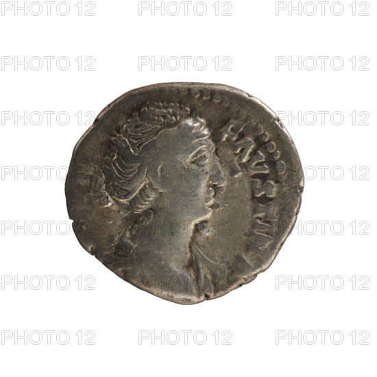Denarius, after 141, Roman Empire (27 BC–476). Obverse: Bust of Faustina the Elder (98–141; Roman empress 138–141) turned to the right, in drapery with hair in a bun on top of the head; pearled border; inscription VA FAVSTINA. Reverse: Providentia stands turned to the left, holding an orb in her right hand and supporting a veil floating around her head with her left; pearled border; inscription AETERNITAS. Coin of Antoninus Pius (86–161; Roman emperor 138–161). Rome. Coin (denarius), weight 3.66 g, axis 180°.