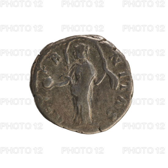 denarius, Antoninus Pius (86–161; Roman emperor 138–161), Faustina the Elder (98–141; Roman empress 138–141), busts, Providentia (personification), sphere (attribute), imperial busts. Obv. VA FAVSTINA Bust of the empress turned to the right, in drapery and with hair arranged in a bun on the top of the head. Pearled border. Rev. AETERNITAS Providentia, stands turned to the left, in her right hand she holds an orb, in the left hand she supports a veil floating around her head. Pearled border. After 141, Roman Empire (27 BC–476), Rome, coin, weight 3.66 g, axis 180°