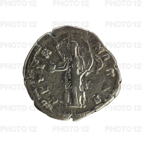 Denarius of Antoninus Pius (86–161; Roman emperor 138–161) and Faustina the Elder (98–141; Roman empress 138–141). Obverse: legend DIVA FAVSTINA, bust of the empress facing right, wearing drapery with hair arranged in a bun; pearl border. Reverse: legend AETERNITAS, Providentia standing left, holding a sphere in her right hand and supporting a veil floating around her head on the left; pearl border. After 141. Roman Empire (27 BC–476). Rome. Coin; weight 3.50 g.