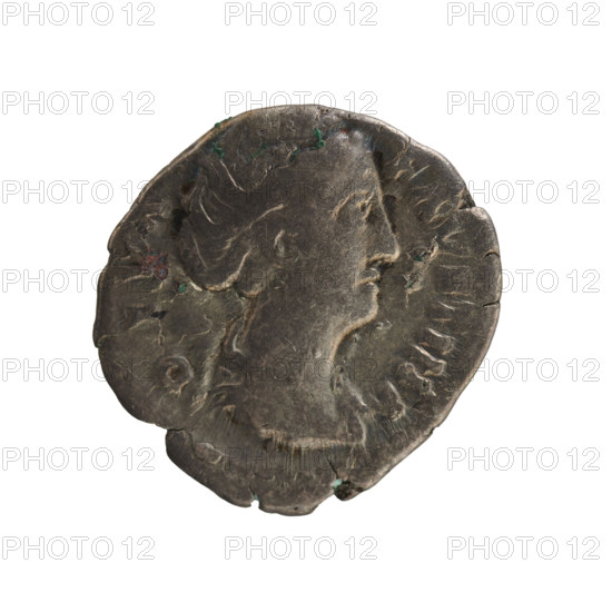 Denarius, Antoninus Pius (86–161; Roman emperor 138–161) and Faustina the Elder (98–141; Roman empress 138–141). Obverse: bust of the empress turned right, in drapery with hair in a bun; pearl border; legend D]VA FAVSTINA. Reverse: Providentia standing turned left, holding a sphere in her right hand and supporting a veil floating around her head on the left; pearl border; legend AET ER NITAS. Personification Providentia; sphere attribute. After 141, Rome, Roman Empire (27 BC–476). Coin; weight 3.06 g; axis 180°.
