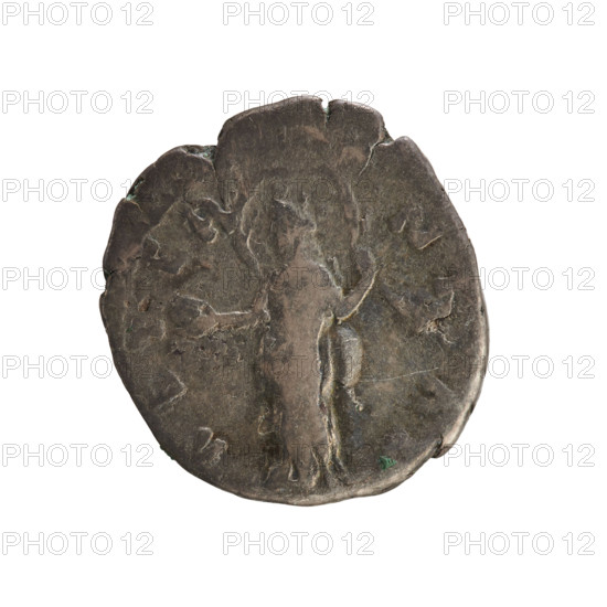 Denarius, after 141, Rome, Roman Empire (27 BC–476). Obverse: Bust of Faustina the Elder (98–141; Roman empress 138–141) turned right, in drapery with hair in a bun; pearl border; inscription D]VA FAVSTINA. Reverse: Providentia standing left, holding a globe in her right hand and supporting a veil floating around her head on the left; pearl border; inscription AETERNITAS. Imperial busts of Antoninus Pius (86–161; Roman emperor 138–161) also referenced. Silver coin, weight 3.06 g, axis 180°.