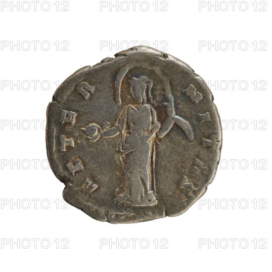Denarius, after 141 CE. Obverse: DIVA FAVSTINA — Bust of Faustina the Elder (98–141; Roman empress 138–141) turned right, draped, hair in a bun; pearl border. Reverse: AETERNITAS — Providentia (personification) standing turned left, holding a sphere in her right hand and supporting a veil floating around her head in her left; pearl border. Imperial busts of Antoninus Pius (86–161; Roman emperor 138–161) and Faustina the Elder referenced. Roman Empire (27 BC–476), Rome. Coin (silver), weight 3.26 g, axis 180°.
