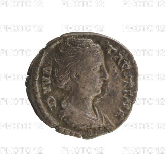 Denarius, after 141. Obverse: DIVA FAVSTINA — Bust of Faustina the Elder (98–141; Roman empress 138–141) turned right, in drapery, hair in a bun; pearl border. Reverse: AETERNITAS — Providentia (personification) standing turned left, holding a sphere in her right hand and supporting a veil floating around her head with her left; pearl border. Imperial busts; sphere attribute. Roman Empire (27 BC–476), Rome. Coin; weight 3.27 g; axis 180°. Makers: Antoninus Pius (86–161; Roman emperor 138–161).