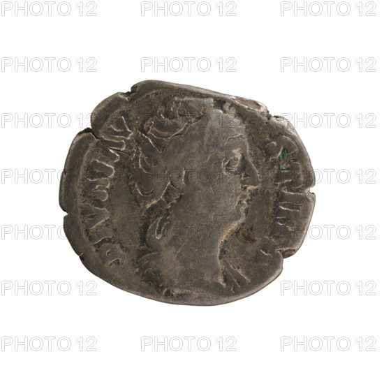 Denarius, after 141 CE. Obverse: Bust of Faustina the Elder (98–141), turned right, wearing drapery with hair arranged in a bun atop the head; inscribed DIVA FAVSTINA. Reverse: Providentia standing left, holding a sphere in her right hand and supporting a veil floating around her head; inscribed AETERNITAS (or AETER… ITAS). Pearl border. Roman Empire (27 BCE–476 CE), Rome. Coin; weight 3.07 g; axis 180°.