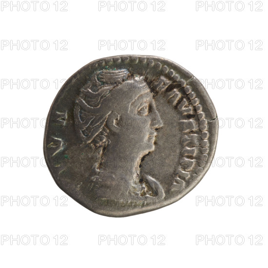Denarius, after 141 CE. Obverse: Bust of Faustina the Elder (98–141), draped, hair in a top bun, pearl border; legend IVA FAVSTINA. Reverse: Providentia standing left, holding a sphere in her right hand and supporting a veil floating around her head in her left; pearl border; legend AETERNITAS. Also references Antoninus Pius (86–161). Roman Empire (27 BCE–476 CE), Rome. Coin; weight 3.28 g; axis 180°.
