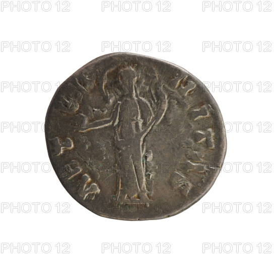 Denarius, after 141 CE. Roman Empire. Obverse: Bust of Faustina the Elder (98–141), turned right, in drapery with hair in a bun, pearl border; legend IVA FAVSTINA. Reverse: Providentia standing left, holds a globe in her right hand and supports a veil floating around her head with her left; pearl border; legend AETERNITAS. Busts of Antoninus Pius (86–161) also referenced. Hoard find (Golub). Coin; weight 3.28 g; axis 180°.