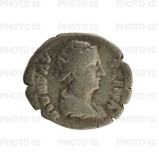 Denarius, after 141, Roman Empire (27 BC–476). Obverse: DIVA FAV STINA — bust of Faustina the Elder (98–141; Roman empress 138–141) turned right, in drapery with hair in a top bun; pearl border. Reverse: AETERNITAS — Providentia (personification) standing turned left, holds a globe in her right hand and supports a veil floating around her head in her left; pearl border. Roman silver coin, weight 3.07 g, axis 180°.