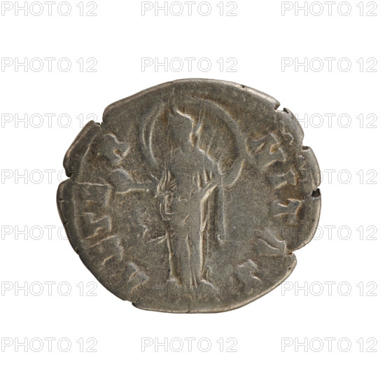 denarius, Antoninus Pius (86–161; Roman emperor 138–161), Faustina the Elder (98–141; Roman empress 138–141); obverse: DIVA FAVSTINA — bust of the empress turned to the right, draped, hair in a bun on top of the head; pearl border. Reverse: AETERNITAS — Providentia standing turned to the left, holding a globe in her right hand and supporting a veil floating around her head in her left; pearl border. After 141, Roman Empire (27 BC–476), Rome; coin; weight 3.07 g; axis 180°.