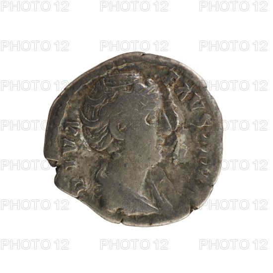 Denarius, after 141 CE. Obverse: Bust of Faustina the Elder (98–141), draped, hair in a bun, facing right; pearled border; inscription DIVA FAVSTINA. Reverse: Providentia standing left, holding an orb in her right hand and supporting a veil floating around her head; pearled border; inscription AETERNITAS. Roman Empire (27 BC–476), Rome. Silver coin (denarius), weight 3.21 g.