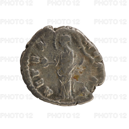denarius, Faustina the Elder (98–141; Roman empress 138–141), Antoninus Pius (86–161; Roman emperor 138–161); obverse: DIVA FAVSTINA — bust of the empress turned right, in drapery with hair in a bun, pearl border; reverse: AETERNI (AETER?) — Providentia standing left, holding a sphere in her right hand and supporting a veil floating around her head in her left hand, pearl border; after 141; Roman Empire (27 BC–476); Rome; coin; weight 3.14 g; axis 180°; iconography: imperial busts, Providentia (personification), sphere (attribute).