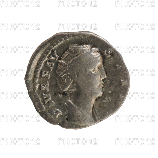 Denarius of Antoninus Pius (r. 138–161) and Faustina the Elder (98–141). Obverse legend: DIVA FAV… (final letters poorly legible). Bust of the empress turned to the right, draped, hair in a bun on top of the head; pearl border. Reverse legend: AVG VSTA… (second part poorly legible). Ceres stands turned to the right, holding lowered ears of corn in her right hand and a scepter in her left. After 141, Rome, Roman Empire (27 BC–476). Coin; weight 3.66 g; axis 180°.