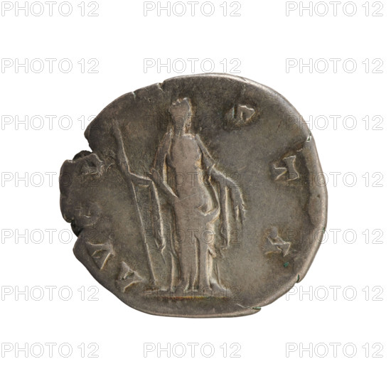 Denarius, after 141 CE. Obverse: DIVA FAV STINA — Bust of Faustina the Elder turned right, in drapery with hair in a bun and pearl border. Reverse: AVG VSTA — Ceres standing right, holding lowered ears of corn in her right hand and a scepter in her left. Roman Empire (27 BCE–476 CE); Rome. Coin; weight 3.33 g; axis 180°.