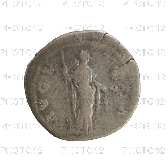 Denarius, after 141, Rome, Roman Empire (27 BC–476). Obverse: DIVA FAV STIN — bust of Faustina the Elder (98–141; Roman empress 138–141) turned right, draped, hair in a top bun; pearl border. Reverse: AVGVSTA — Ceres stands right, holding ears of corn lowered in her right hand and a scepter in her left; pearl border. Imperial busts of Antoninus Pius (86–161; Roman emperor 138–161) and Faustina the Elder noted in iconography. Coin; weight 2.79 g; axis 180°.