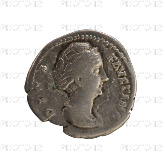 denarius, Antoninus Pius (86–161; Roman emperor 138–161), Faustina the Elder (98–141; Roman empress 138–141); hoard from Golub; imperial busts; Ceres (mythology); iconography: torch (attribute), ears of corn (attribute). Obv. DIVA FAVSTINA — Bust of the empress turned to the right, draped, hair in a bun on top of her head; pearl border. Rev. AVGVSTA — Ceres stands turned left, holding lowered ears of corn in her right hand and a long burning torch in her left; pearl border. After 141; Roman Empire (27 BC–476); Rome; coin; weight 3.01 g.