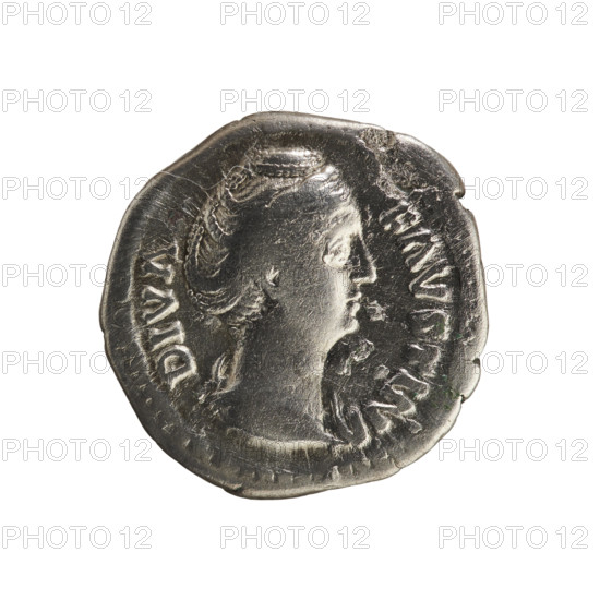 Denarius, after 141, Roman Empire (27 BC–476). Obverse: Bust of Faustina the Elder (98–141; Roman empress 138–141) facing right, wearing drapery, hair in a bun, pearl border, inscribed 'DIVA FAVSTINA'. Reverse: Ceres stands facing left, right hand raised, holding a long flaming torch in left, pearl border, inscribed 'AVG VSTA' (AVGVSTA). Imperial busts; torch attribute; iconography of Faustina the Elder. Coin (Rome), weight 3.39 g. Maker: Antoninus Pius (86–161; Roman emperor 138–161).