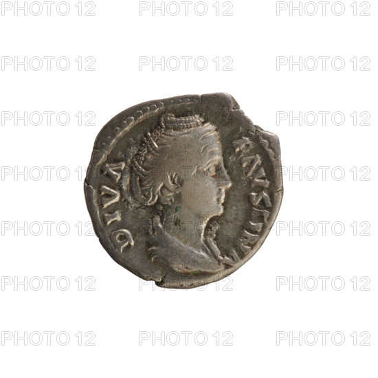 denarius, Antoninus Pius (86–161; Roman emperor 138–161), Faustina the Elder (98–141; Roman empress 138–141), busts, Vesta (mythology), imperial busts, Faustina the Elder — iconography, simpulum (attribute), palladium (attribute). Obv. DIVA FAVSTINA. Bust of the empress turned to the right, in drapery and with hair arranged in a bun on the top of the head. Pearl border. Rev. AVGVSTA. Vesta, in a veil, stands turned to the left, holding a simpulum in her right hand and a palladium in her left. Pearl border. After 141, Roman Empire (27 BC–476), Rome; coin; weight 3.17 g; axis 180°.