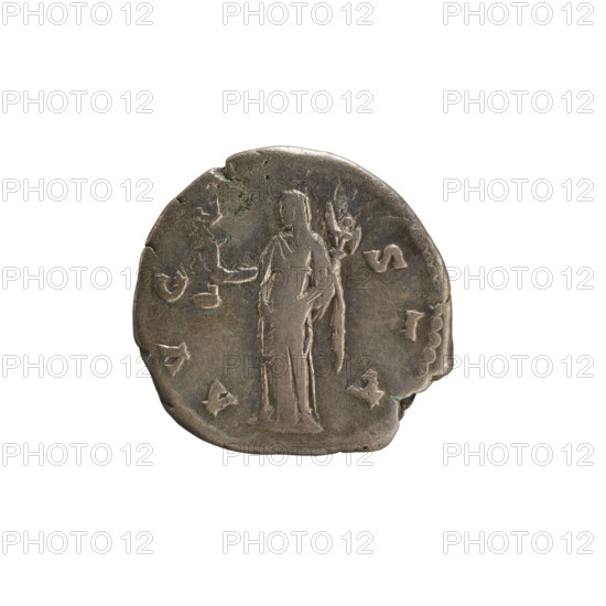 Denarius, after 141, Roman Empire (27 BC–476). Obverse: DIVA FAVSTINA — Bust of Faustina the Elder (98–141; Roman empress 138–141) turned right, wearing drapery and with hair in a bun on top of the head; pearl border. Reverse: AVGVSTA — Vesta veiled, standing left, holding a simpulum in her right hand and a palladium in her left; pearl border. Imperial busts of Antoninus Pius (86–161; Roman emperor 138–161) referenced; weight 3.17 g; axis 180°.