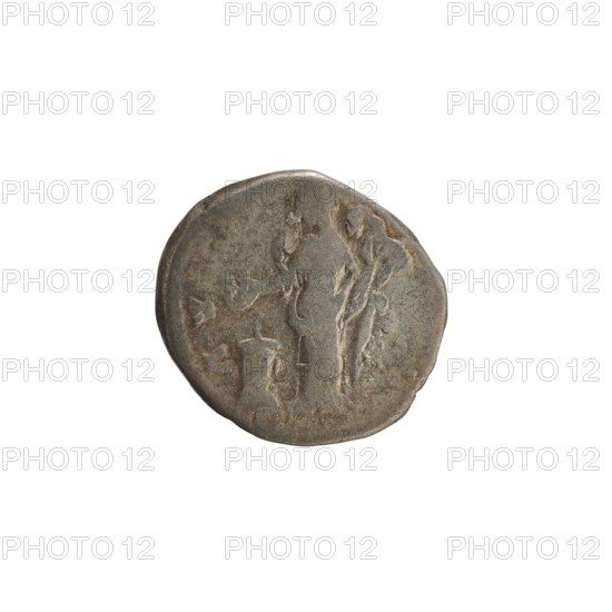 denarius, Antoninus Pius (86–161; Roman emperor 138–161), Faustina the Elder (98–141; Roman empress 138–141), busts of Antoninus Pius and Faustina the Elder, numismatic treasure, imperial busts, Vesta (mythology), iconography of Faustina the Elder, attributes: patera and palladium; Vesta standing with a patera in front of an altar. Obverse legend: DIVA FAVS (beginning of the legend poorly legible). Obverse: bust of the empress turned to the right, in drapery with hair arranged in a bun on top of the head. Reverse: Vesta, veiled, standing turned to the left, holding a patera over a burning altar and the palladium. After 141, Rome, Roman Empire (27 BC–476). Coin, weight 3.12 g, axis 180°.