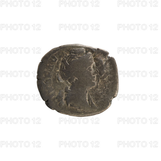 Denarius, Antoninus Pius (86–161; Roman emperor 138–161), Faustina the Elder (98–141; Roman empress 138–141). Obverse: (first part of the legend poorly legible) bust of the empress turned to the right, draped, hair in a bun on top of the head, pearl border. Reverse: PIETAS — Pietas stands turned to the left, right arm raised and bent at the elbow holding her hand over a burning altar, left arm bent at her side, pearl border. After 141, Roman Empire (27 BC–476), Rome. Coin, weight 2.93 g, axis 180 degrees.