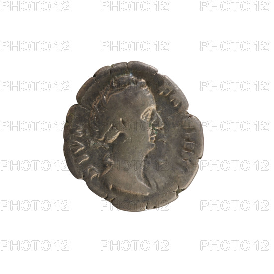 Denarius, after 141. Obverse: DIVA FAVSTINA — bust of Faustina the Elder (98–141; Roman empress 138–141) turned right, in drapery with hair in a bun. Reverse: AVGVSTA — throne on which a wreath lies and a scepter rests. Pearl border. Maker: Antoninus Pius (86–161; Roman emperor 138–161). Roman Empire (27 BC–476), Rome. Coin; weight 3.01 g; axis 180°.