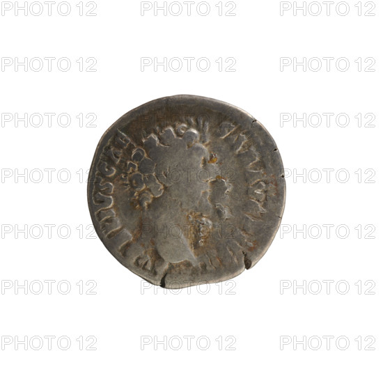 denarius, Antoninus Pius (86–161; Roman Emperor 138–161); obverse: head of Marcus Aurelius (heir to the throne; 138–161) right, pearly border, legend AVRELIVS CAE SAR AVG PII FIL; reverse: Genius Exercitus (personification) standing left, right hand holding a patera above an altar, left hand holding a legionary eagle, pearl border, legend VI COS II (second part poorly legible); imperial busts; genius (mythology); patera (attribute); legionary eagle (attribute); silver coin (denarius), Roman, 151–152 CE, Rome; weight 2.93 g; axis 180°.