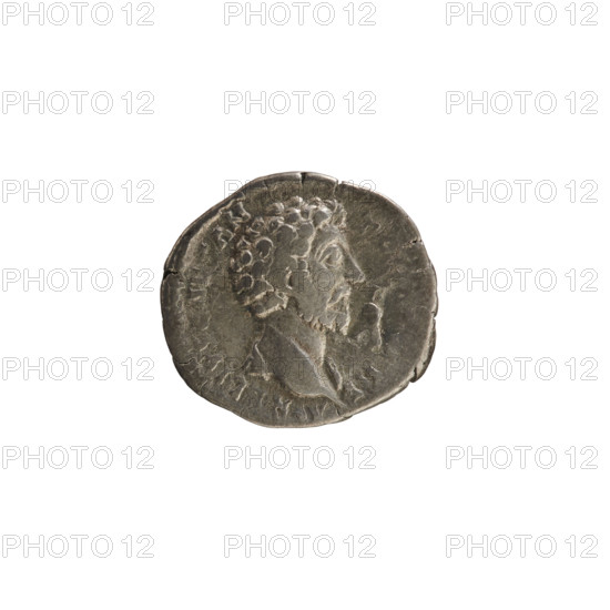 denarius, Antoninus Pius (86–161; Roman Emperor 138–161); obverse: head of Marcus Aurelius (heir to the throne; 138–161) right, pearl border, inscription RELIVS C, S AN  , II F; reverse: Felicitas (personification) standing left, holding a caduceus in her right hand and a sceptre in her left, leaning against a column, pearl border, inscription TR POT XII COS II; caduceus and sceptre attributes; imperial busts; treasures (numism.); Marcus Aurelius — iconography; 157–158; Rome, Roman Empire (27 BC–476); coin (denarius); weight 3.09 g; axis 180°.