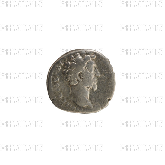 denarius, Antoninus Pius (86–161; Roman emperor 138–161), obverse: head of Marcus Aurelius (heir to the throne; 138–161) right, legend RELIVS AES; reverse: Felicitas standing facing left, holding a caduceus in her right hand and a scepter in her left, leaning against a column, legend TR P I II; imperial busts, caduceus (attribute), scepter (attribute), Felicitas (personification); Roman coin, 156–157 CE, Rome, weight 3.58 g, axis 180°.