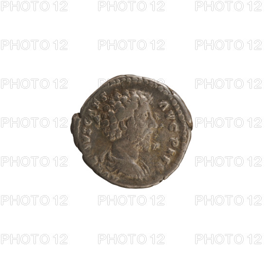 denarius, Antoninus Pius (86–161; Roman emperor 138–161), busts, Marcus Aurelius (heir to the throne; 138–161) - iconography, imperial busts, Antoninus Pius (86–161; Roman emperor 138–161), spear (attribute), parazonium (attribute), Virtus (personification). Obv. AVRELIVS CAES AVG P II F Bust of Marcus Aurelius on the right in drapery. Pearl border. Rev. TR POT XIII COS II Virtus stands turned to the right with his leg resting on a helmet, he holds a spear in his right hand, in the left a parazonium. Pearl border. 158–159, Roman Empire (27 BC–476), Rome, coin, weight 3.27 g, axis 180°