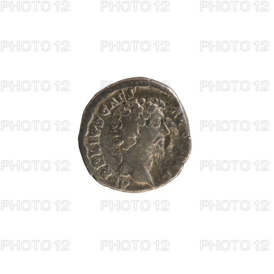 Denarius, Antoninus Pius (86–161; Roman emperor 138–161). Obverse: Head of Marcus Aurelius in right; pearl border; inscription 'AVRELIVS CAES AVG'. Reverse: Virtus stands facing right with leg resting on a helmet, holding a spear in right hand and a parazonium in left; pearl border; partial inscription 'TR P, COS II' (only bottoms of letters visible). Date: 158–159. Roman Empire (27 BC–476), Rome. Coin; weight 3.17 g.
