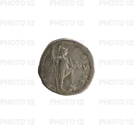 denarius, Antoninus Pius (86–161; Roman emperor 138–161), busts, imperial busts, Marcus Aurelius (heir to the throne; 138–161) - iconography, Virtus (personification), spear (attribute), parazonium (attribute). Obv. AVRELIVS CAES AVG, head of Marcus Aurelius right. Pearl border. Rev. TR P COS II (only bottom of letters visible). Virtus stands facing right with her leg resting on a helmet, holding a spear in her right hand and a parazonium in her left. 158–159, Roman Empire (27 BC–476), Rome. Coin, weight 3.17 g.