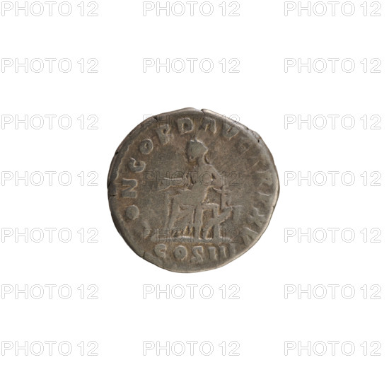 denarius, Marcus Aurelius (121–180; Roman emperor 161–180), busts, treasures (numism.), Marcus Aurelius, imperial busts, Marcus Aurelius — iconography, cornucopia (attribute), Concordia (personification), patera (attribute). Obv. IMP M AVREL ANTONINVS AVG Head of Marcus Aurelius to right. Pearly border. Rev. CONCORD AVG TR P XV Concordia seated facing left, holding a patera in her right hand, resting her left elbow on a statuette of Spes; under the seat a cornucopia; under the line COS III. Pearl border. 161, Roman Empire (27 BC–476), Rome; coin; weight 3.30 g; axis 180°.