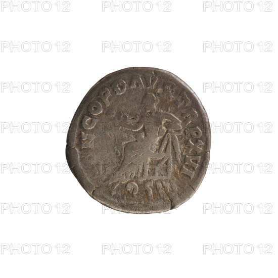 Denarius, Marcus Aurelius (121–180; Roman emperor 161–180). Obverse: Head of Marcus Aurelius right; inscription 'IMP M AVREL A INVS AVG'; pearly border. Reverse: Concordia seated facing left, holding a patera in her right hand, resting her left elbow on a statuette of Spes; under the seat a cornucopia; inscription 'CONCORD AVG TR P XVI'; under the line 'OS III'; pearl border. Attributes: cornucopia, patera; personification: Concordia; imperial bust. Date: 161–162. Roman Empire, Rome. Coin (denarius), weight 2.88 g, axis 180°.