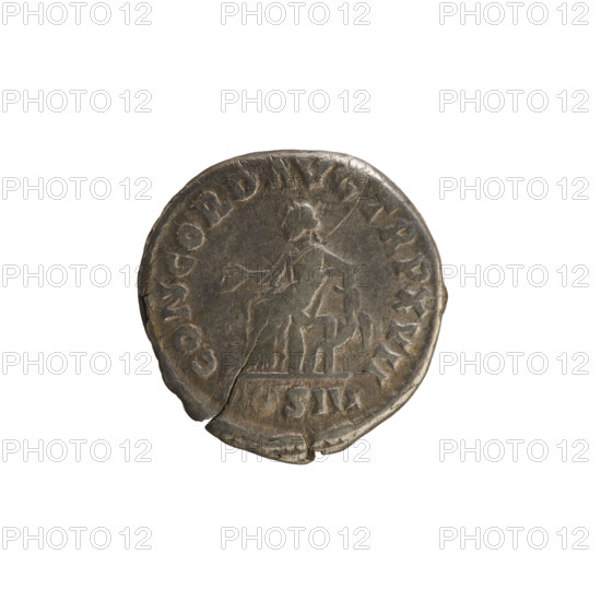 Denarius of Marcus Aurelius (121–180; Roman emperor 161–180), 162–163, Rome. Obverse: Head of Marcus Aurelius right. Pearl border. Legend: IM•TONI•VS AVG. Reverse: CONCORD AVG TR P XVII — Concordia seated facing left, holding a patera in her right hand, resting her left elbow on a statuette of Spes; under the seat a cornucopia; under the line, S III. Imperial busts; cornucopia (attribute); patera (attribute); Concordia (personification). Coin; weight 2.76 g.