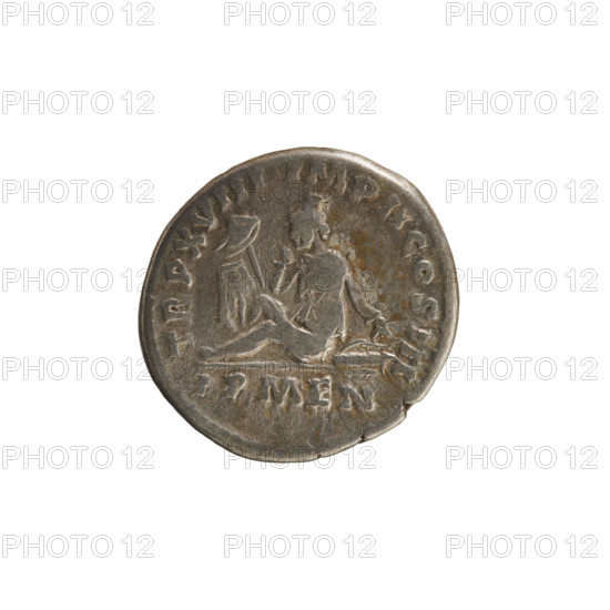 Denarius, Marcus Aurelius (121–180; Roman emperor 161–180). Obverse: Head of Marcus Aurelius with a laurel wreath to the right; legend M ANTONINVS AVG. Pearl border. Reverse: ARMEN seated turned left in a mourning pose, in front of her a vexillum and shield, her hand rests on a bow lying behind her; inscription TR P XVIII IMP II COS III and ARMEN under the line. Axis 180°. Date: 163–164. Roman Empire, Rome. Coin, weight 3.23 g.