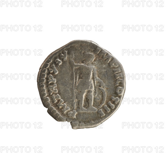 Denarius, Marcus Aurelius (121–180; Roman emperor 161–180). Obverse: Head of Marcus Aurelius with a laurel wreath, facing right; legend AN NINVS AVG AR (?). Reverse: Mars in military costume, standing turned right, holding a spear in his right hand and resting his left hand on a shield; legend PM TR P XIX IMP II COS III. Pearl border. Roman Empire, 164–165. Coin; weight 2.94 g; axis 180°.