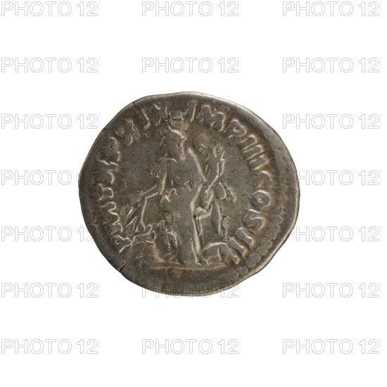 Denarius of Marcus Aurelius (121–180; Roman Emperor 161–180). Obverse: Head of Marcus Aurelius with a laurel wreath, right. Inscription: 'M ANTONINVS AVG   ARMENIACVS'. Reverse: Annona (personification) stands turned left, holding ears of corn in her right hand lowered above a modius, and a cornucopia in her left; behind her the prow of a ship. Inscription: 'PM TR P XIX IMP III COS III'. Pearl borders. Date: 165. Roman Empire (27 BC–476), Rome. Coin; weight 3.21 g; axis 180°.