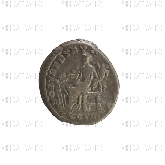 denarius, Marcus Aurelius (121–180; Roman emperor 161–180); obverse: head of Marcus Aurelius with laurel wreath, right; inscription INVS AVG ARM PARTH. Reverse: V Fortuna seated left, holding a rudder in her right hand and a cornucopia in her left; below line COS III; inscription FORT RED TR PX. Pearl border. Silver coin, weight 3.53 g, axis 180°. Roman Empire, Rome, 168.