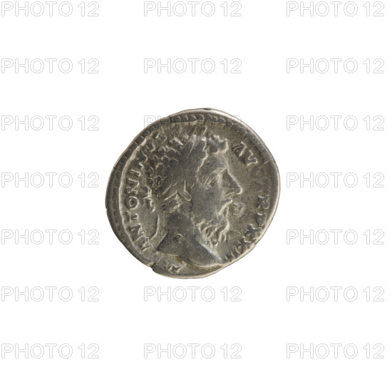 Denarius, Marcus Aurelius (121–180; Roman emperor 161–180). Obverse: Head of Marcus Aurelius with a laurel wreath, facing right; pearl border. Reverse: Felicitas standing left, holding a caduceus in her right hand and a sceptre in her left; legend reads FELICITAS AVG COS III (first part of the legend poorly legible). Attributes: caduceus, sceptre. Style/period: Rome, Roman Empire (27 BC–476), dated 168–169. Material: coin; weight 2.97 g.