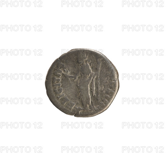 Denarius, Marcus Aurelius (121–180; Roman emperor 161–180). Obverse: Head of Marcus Aurelius with a laurel wreath, facing right, pearl border; legend: AVG TR P XXIII (second part of the legend poorly legible). Reverse: FELICITAS, OS III (first part of the legend poorly legible). Felicitas stands facing left, holding a caduceus in her right hand and a scepter in her left; pearl border. Attributes: sceptre, caduceus. Iconography: imperial busts, Felicitas (personification). Date: 168–169. Place: Rome, Roman Empire (27 BC–476). Medium: silver coin (denarius). Weight: 2.91 g. Axis: 180°.