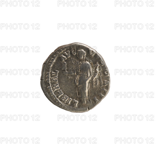 Denarius of Marcus Aurelius (121–180; Roman Emperor 161–180). Obverse: Head of Marcus Aurelius with a laurel wreath, facing right; pearl border. Reverse: LIBERAL AVG V COS III. Liberalitas stands facing left, holding an abacus in her right hand and a cornucopia in her left; pearl border. Dates: 168–169. Roman Empire (27 BC–476). Coin; weight 3.01 g; axis 180°.