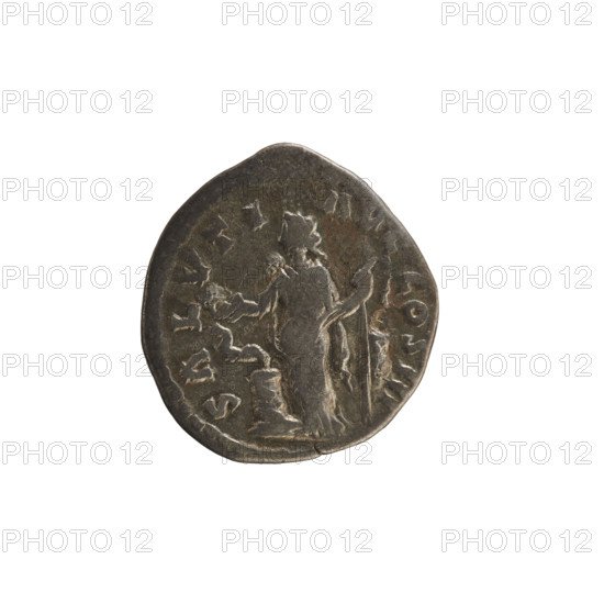 Denarius of Marcus Aurelius (121–180; Roman emperor 161–180), 168–169 CE. Obverse: laureate bust of Marcus Aurelius right, pearl border; inscribed 'M ANTONIVS AVG TR P'. Reverse: SALVTI AVG COS III; Salus standing left, holding a patera feeding a snake coiled on an altar in her right hand and a scepter in her left, pearl border. Roman Empire, Rome; silver coin, weight 3.20 g, axis 180°.