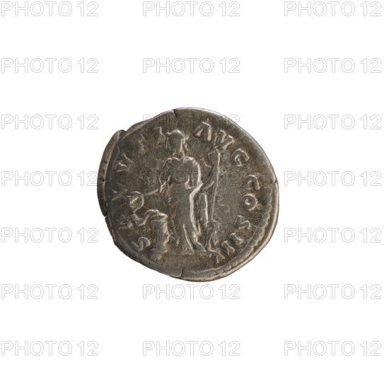 Denarius, Marcus Aurelius (121–180; Roman emperor 161–180). Obverse: Head of Marcus Aurelius with a laurel wreath, right, pearl border; inscription ANTONINVS AVG. Reverse: SALVTI AVG COS III — Salus standing left, holding a patera in her right hand feeding a snake coiled around an altar, and a scepter in her left; pearl border. Silver coin, weight 3.03 g; Rome, 169–170 CE; Roman Empire.