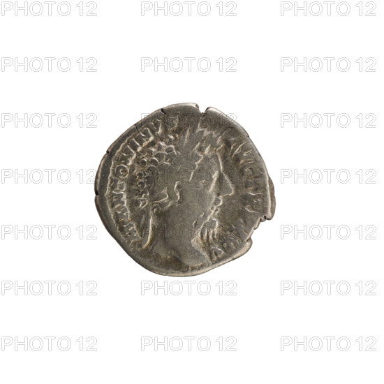 Denarius, Marcus Aurelius (121–180; Roman emperor 161–180). Obverse: Head of Marcus Aurelius with a laurel wreath, facing right; pearl border. Reverse: Jupiter seated facing left, holding a thunderbolt in his right hand and a scepter in his left; pearl border. Inscriptions: Obv. 'M ANTONINVS AVG TR P XXV'; Rv. 'C O S III'. Date: 170–171. Roman Empire (27 BC–476), Rome. Coin, weight 3.39 g.