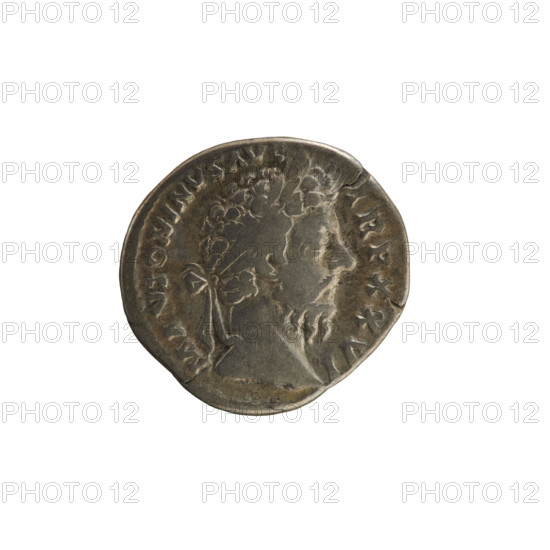 denarius, Marcus Aurelius (121–180; Roman emperor 161–180); obverse: head of Marcus Aurelius with a laurel wreath, right; pearl border. Reverse: Roma seated left on a throne, holding Victory in her right hand and a spear in her left, shield behind; pearl border. Inscription obv. 'M ANTONINVS AVG TR P XXVI'. Inscription rev. 'IM, I CO SIII'. Date circa 171–172. Roman Empire (27 BC–476). Rome. Coin; weight 3.41 g; axis 180°.